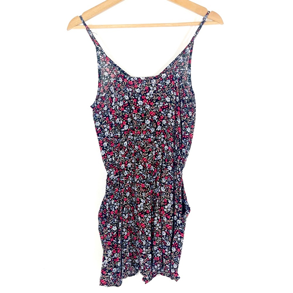 H&M Divided Floral Romper Spaghetti Straps Pockets Black Red Sz 4